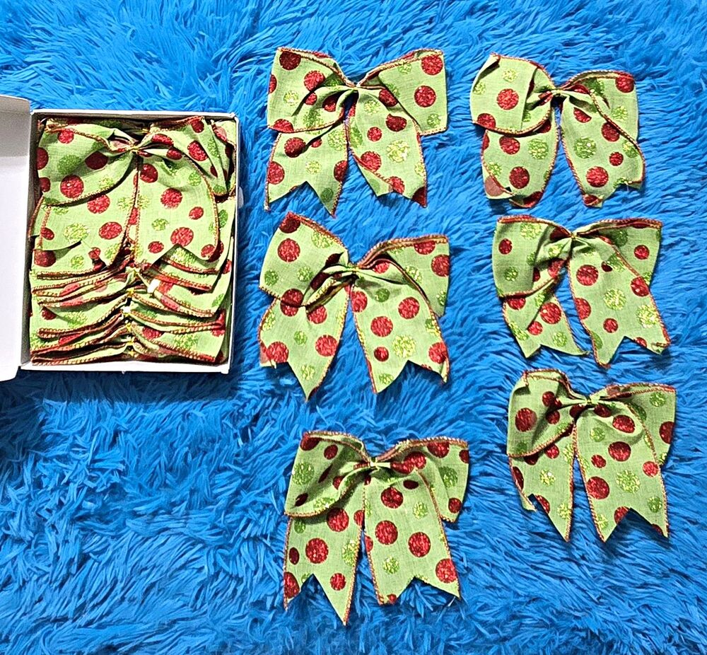 Box of 16 Wire-Edged Gift Wrap Bow, Green & Red Polka Dot Ribbon Christmas Decor